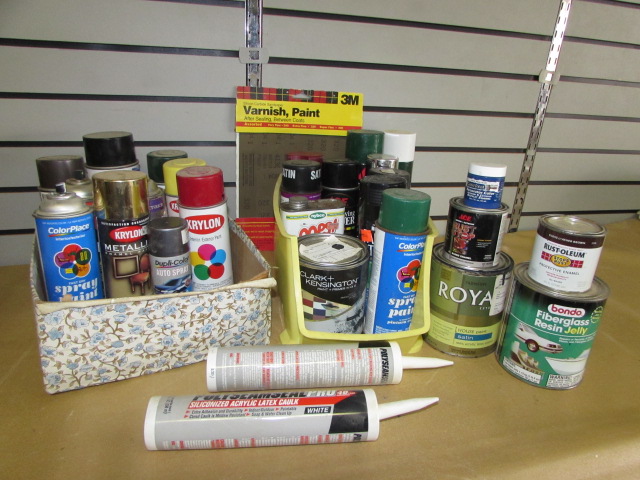 Lot Detail - PAINT SUPPLIES! SPRAY PAINT, HOUSE PAINT, SANDPAPER, OOPS