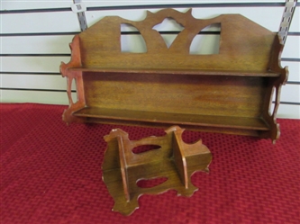 VINTAGE WOODEN WALL SHELF WITH PRETTY CARVED DETAILS & A SMALL CORNER SHELF