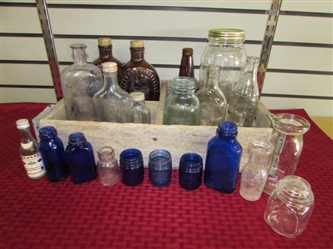 RUSTIC WOOD CRATE FULL OF ANTIQUE BOTTLES-BLUE, BROWN, PURPLE GLASS & MORE!