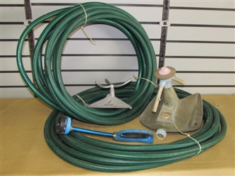 KEEP YOUR GRASS GREEN & FLOWERS GROWING!  100 OF GARDEN HOSE, 2 COOL VINTAGE SPRINKLERS & WATERING WAND