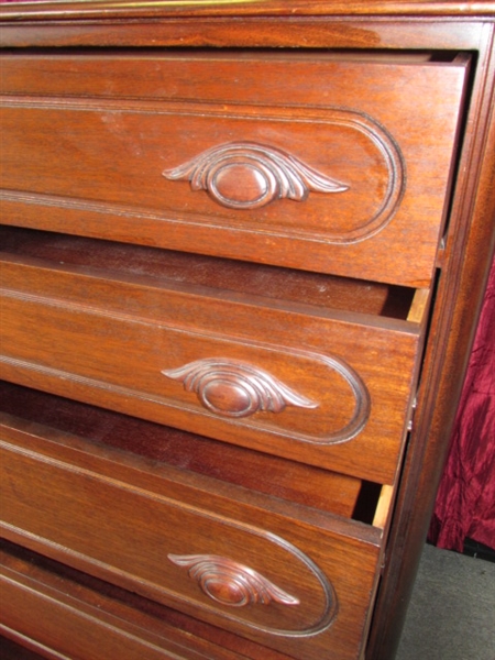 GORGEOUS ANTIQUE TALL BOY DRESSER WITH HAND CARVED DRAWER PULLS. SEE MIRROR IN NEXT LOT!