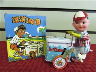 LISTEN . . .CAN YOU HEAR THE ICE CREAM MAN?  COLLECTIBLE VINTAGE WIND UP TIN ICE CREAM VENDOR TOY
