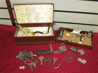 DADS COLLECTION OF WHAT NOTS-OLD KEYS, ELGIN LOCK, PINS, CUFF LINKS, GERMAN MARKS, WHEAT PENNY & MORE