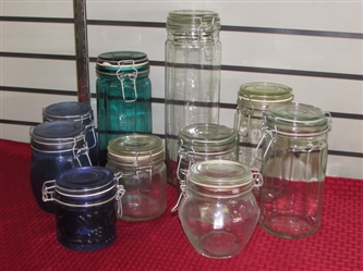 KITCHEN CANISTERS!  TEN GLASS CANISTERS IN VARIOUS SIZES & STYLES