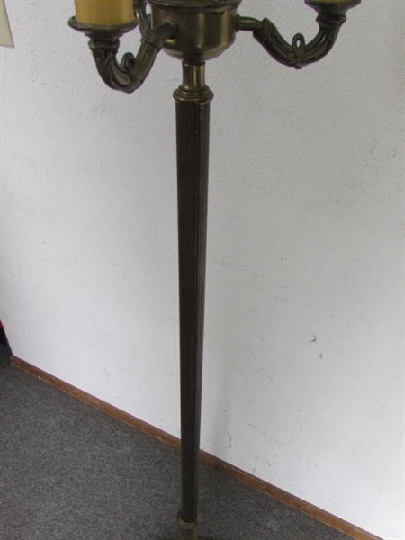 ANTIQUE TORCHIERE STYLE FLOOR LAMP BRASS WITH ONYX DETAILS & MILK GLASS SHADE