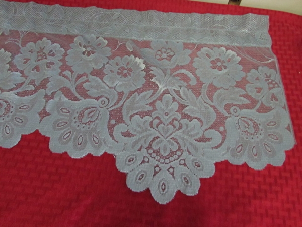 ELEGANT CORNFLOWER BLUE LACE CURTAINS! TWO PAIR PLUS MATCHING VALANCE