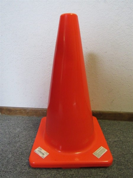 TWO LIKE NEW , BRIGHT ORANGE 18 INCH SAFETY CONES