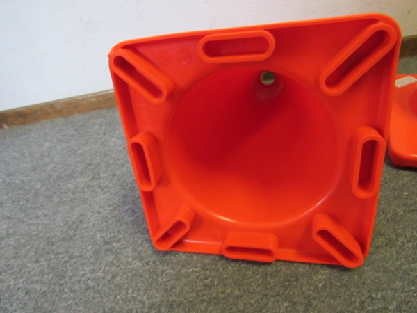 TWO LIKE NEW , BRIGHT ORANGE 18 INCH SAFETY CONES