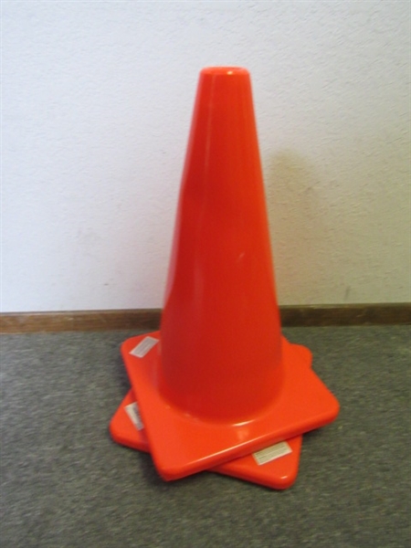 TWO LIKE NEW , BRIGHT ORANGE 18 INCH SAFETY CONES