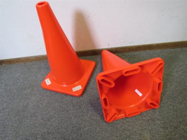 TWO LIKE NEW , BRIGHT ORANGE 18 INCH SAFETY CONES