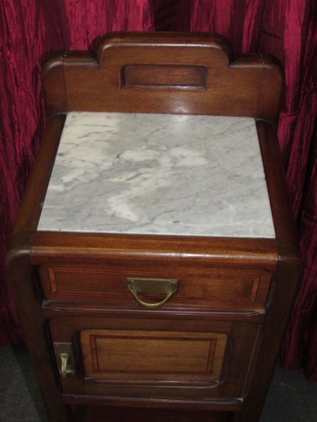ANTIQUE PORCELAIN LINED WASHSTAND/SIDE TABLE CABINET WITH MARBLE TOP