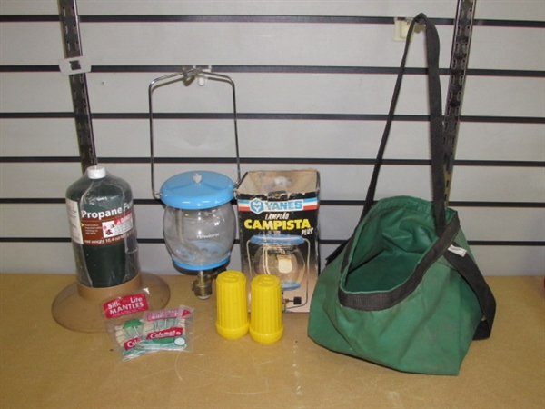 GONE CAMPIN' YANES GAS LANTERN, NEW PROPANE CANISTER WITH STAND, WATER BAG & MORE