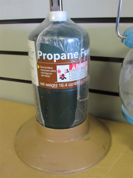 GONE CAMPIN' YANES GAS LANTERN, NEW PROPANE CANISTER WITH STAND, WATER BAG & MORE