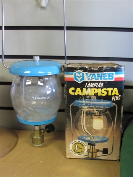 GONE CAMPIN' YANES GAS LANTERN, NEW PROPANE CANISTER WITH STAND, WATER BAG & MORE