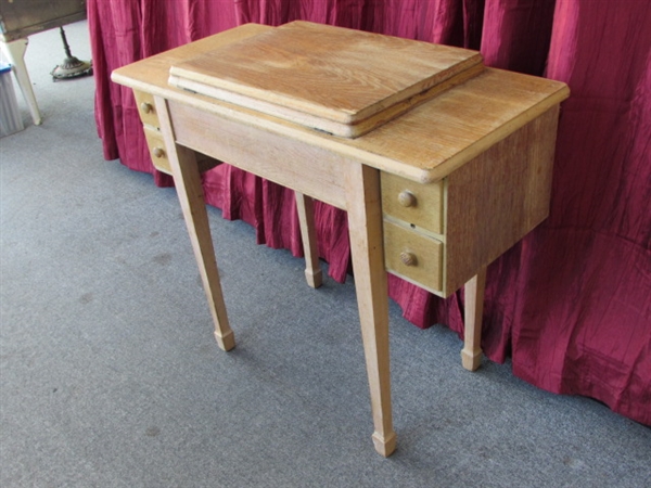 STURDY SOLID OAK SEWING MACHINE CABINET