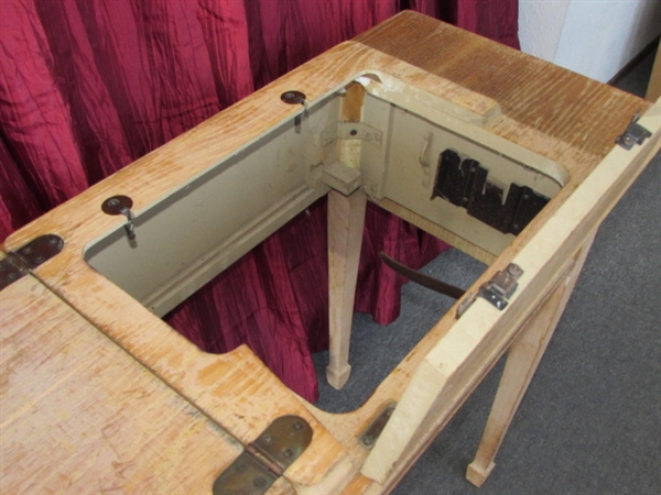 STURDY SOLID OAK SEWING MACHINE CABINET