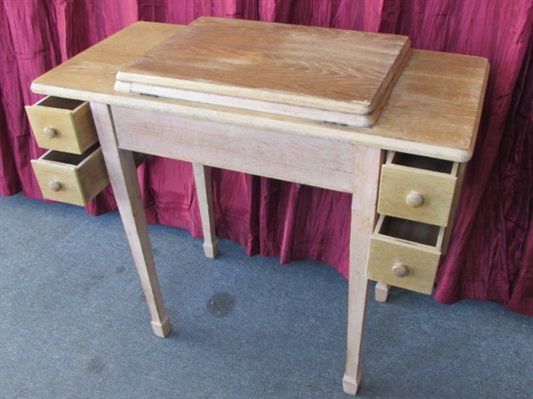 STURDY SOLID OAK SEWING MACHINE CABINET