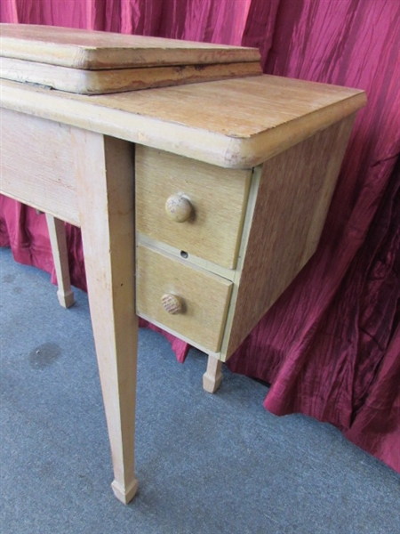 STURDY SOLID OAK SEWING MACHINE CABINET