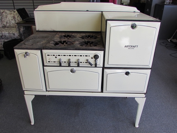 WONDERFUL ANTIQUE ENAMELED GAS/WOOD COOK STOVE