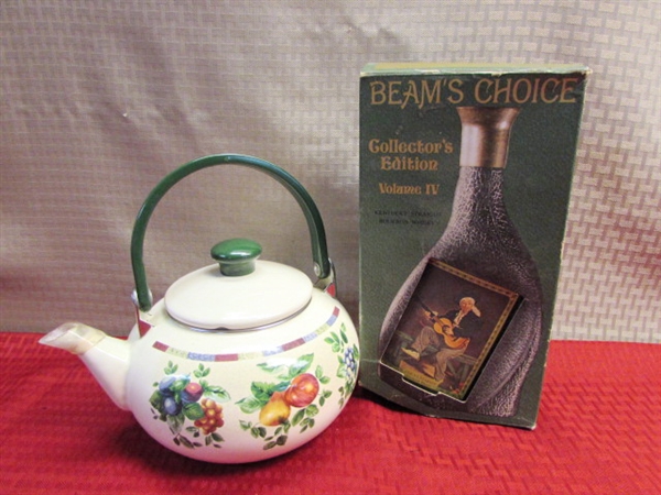 VINTAGE JIM BEAM COLLECTIBLE BOTTLE AND A PORCELAIN OVER STEEL SAKURA KETTLE