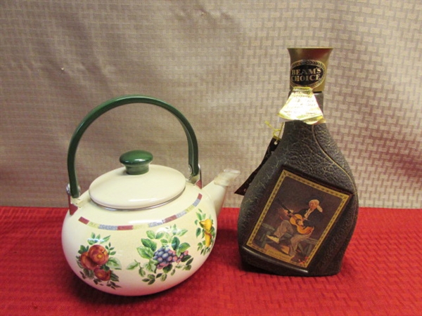 VINTAGE JIM BEAM COLLECTIBLE BOTTLE AND A PORCELAIN OVER STEEL SAKURA KETTLE