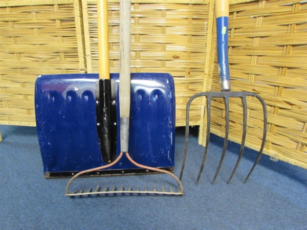 SNOW SHOVEL, METAL RAKE, PITCH FORK