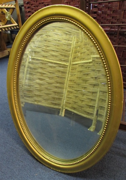 ANTIQUE OVAL MIRROR W/GOLD BEAD FRAME