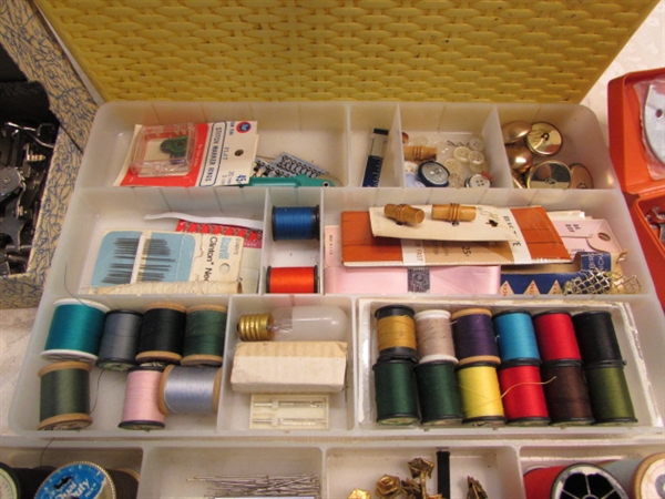 LARGE VINTAGE SEWING BOX LOADED WITH NOTIONS & SUPPLIES