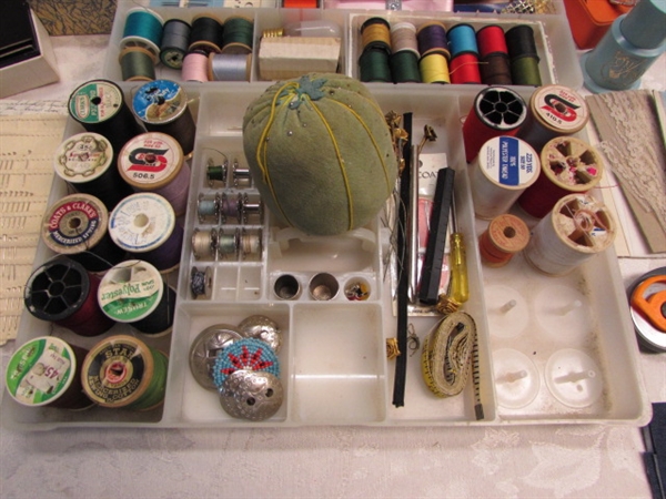 LARGE VINTAGE SEWING BOX LOADED WITH NOTIONS & SUPPLIES