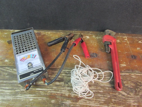 BATTERY TESTER, PIPE WRENCH, AND STRING