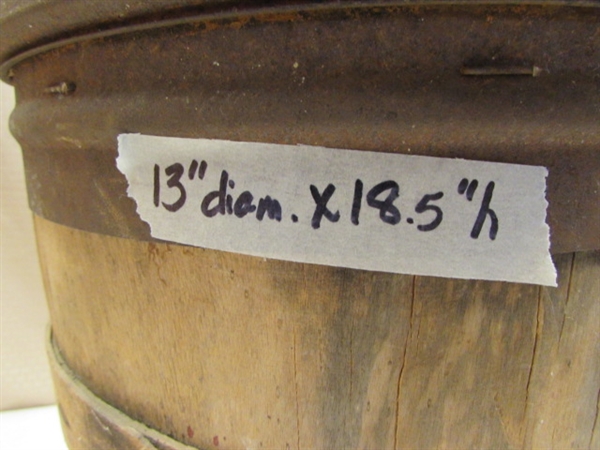 VINTAGE WOOD BARREL WITH RUSTY METAL TRIM