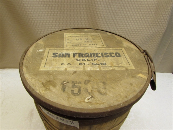 VINTAGE WOOD BARREL WITH RUSTY METAL TRIM