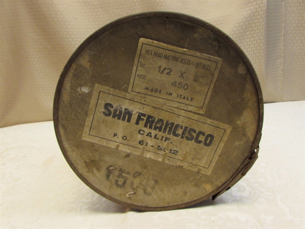 VINTAGE WOOD BARREL WITH RUSTY METAL TRIM