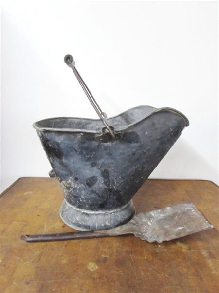 CAST IRON KETTLE & ASH BUCKET WITH SHOVEL