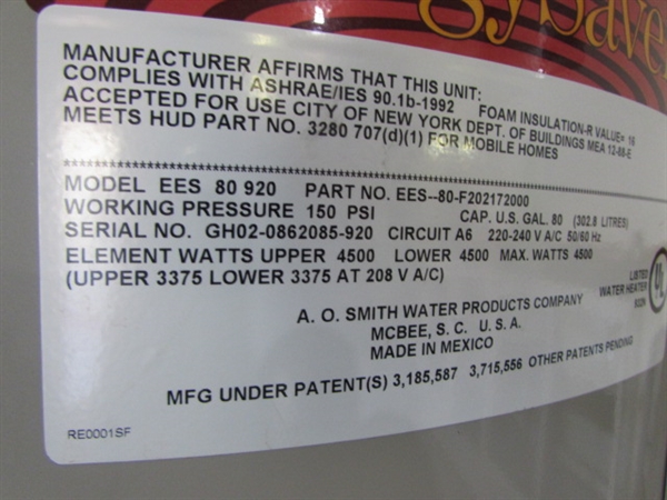 A.O. SMITH 80 GALLON HOT WATER HEATER