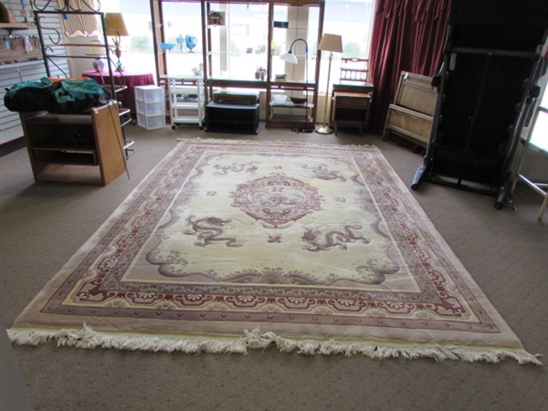 VINTAGE CHINESE WOOL AREA RUG WITH DRAGON DESIGN