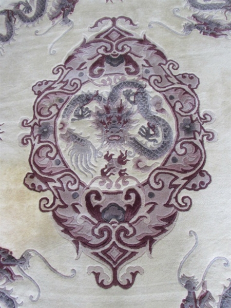 VINTAGE CHINESE WOOL AREA RUG WITH DRAGON DESIGN