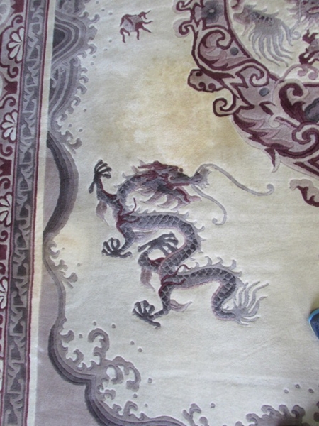 VINTAGE CHINESE WOOL AREA RUG WITH DRAGON DESIGN