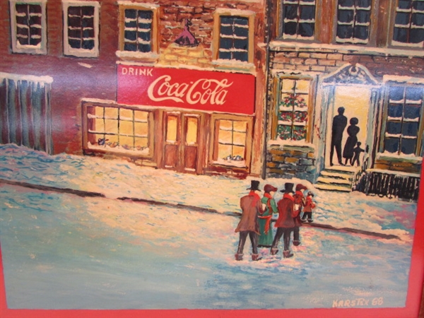 ORIGINAL OIL ON WOOD PAINTING - COCA-COLA WINTER/CHRISTMAS IN THE CITY - KARSTEN