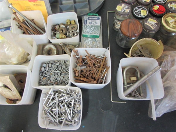 LOT OF SCREWS, NAILS, AND MISC.