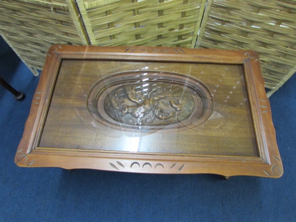 CARVED BIRD COFFEE TABLE WITH GLASS OVERLAY