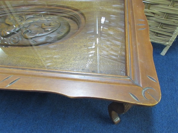 CARVED BIRD COFFEE TABLE WITH GLASS OVERLAY