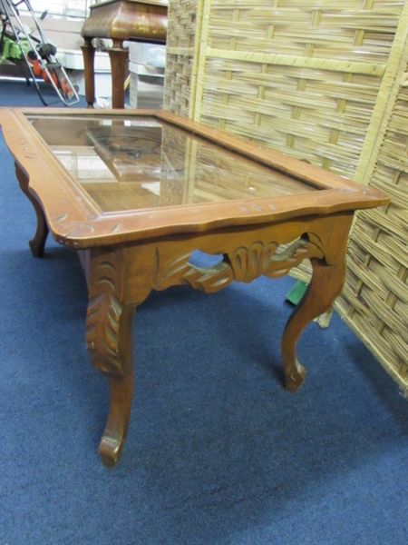 CARVED BIRD COFFEE TABLE WITH GLASS OVERLAY