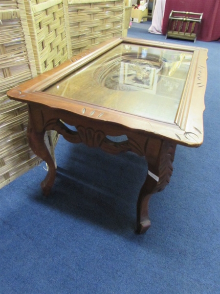 CARVED BIRD COFFEE TABLE WITH GLASS OVERLAY