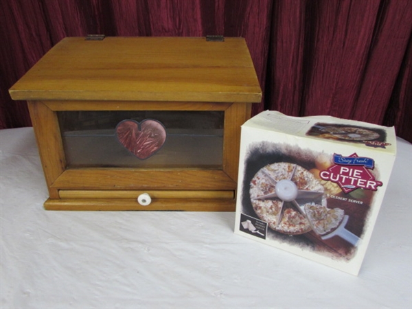 LARGE WOODEN BREAD BOX WITH PIE CUTTER