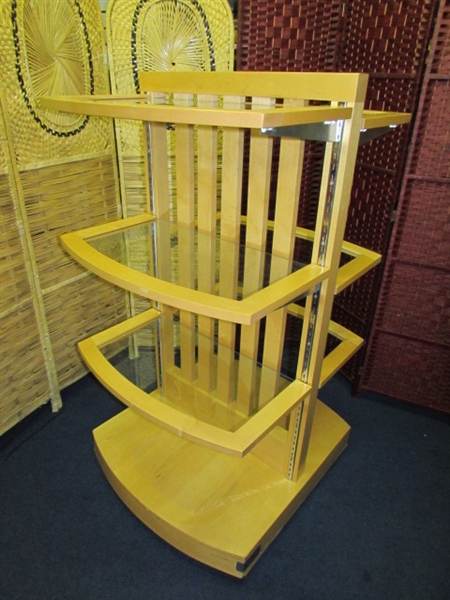 WOOD AND GLASS SHELVING UNIT