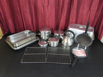 HUGE LOT OF ALUMINUM CLAD STAINLESS STEEL COOKWARE & MORE!