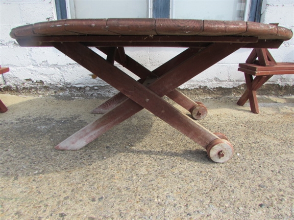 NICE LARGE ROUND WOOD PICNIC TABLE WITH 4 BENCHES