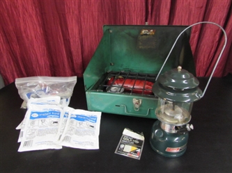 COLEMAN CAMP STOVE, TWO MANTLE LANTERN, COLD PACKS