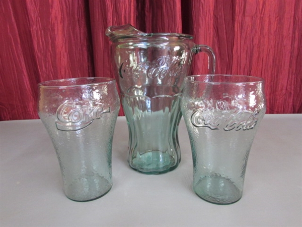 COCA-COLA COOKIE JAR, PITCHER & GLASSES